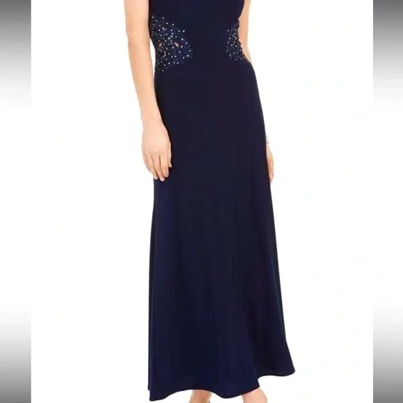 Women’s Formal Dress Size 14 P IGNITE EVENINGS Navy Ruched Off the Shoulder Gown
